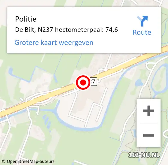 Locatie op kaart van de 112 melding: Politie De Bilt, N237 hectometerpaal: 74,6 op 23 augustus 2024 15:34