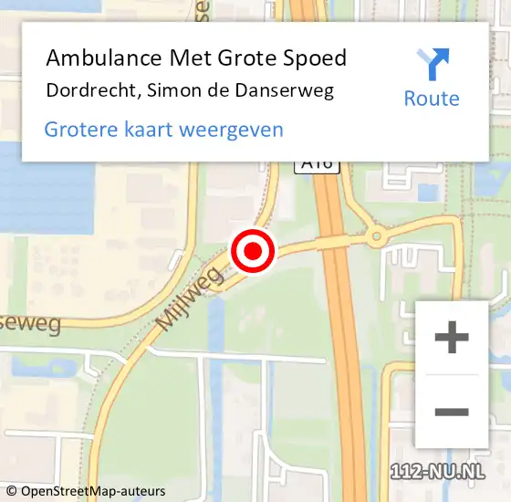 Locatie op kaart van de 112 melding: Ambulance Met Grote Spoed Naar Dordrecht, Simon de Danserweg op 23 augustus 2024 15:56