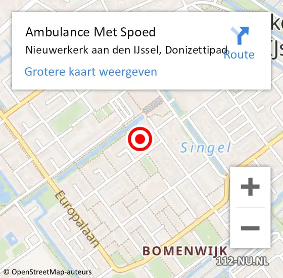 Locatie op kaart van de 112 melding: Ambulance Met Spoed Naar Nieuwerkerk aan den IJssel, Donizettipad op 23 augustus 2024 16:54