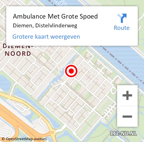 Locatie op kaart van de 112 melding: Ambulance Met Grote Spoed Naar Diemen, Distelvlinderweg op 23 augustus 2024 18:08