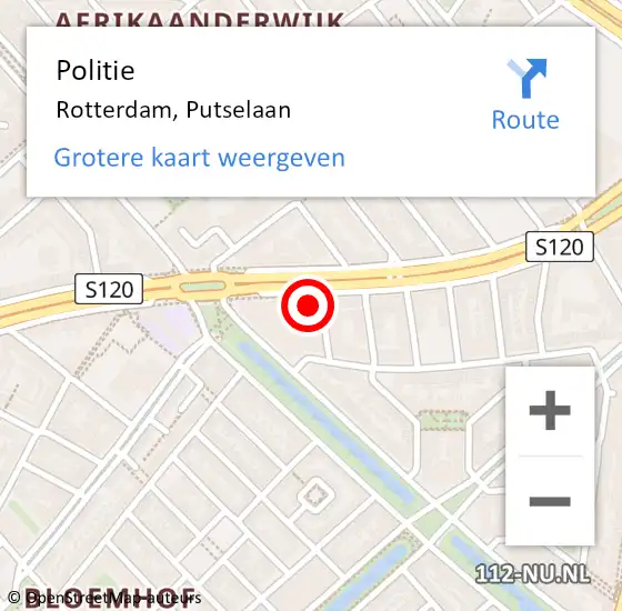 Locatie op kaart van de 112 melding: Politie Rotterdam, Putselaan op 23 augustus 2024 21:01