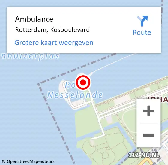 Locatie op kaart van de 112 melding: Ambulance Rotterdam, Kosboulevard op 23 augustus 2024 22:21