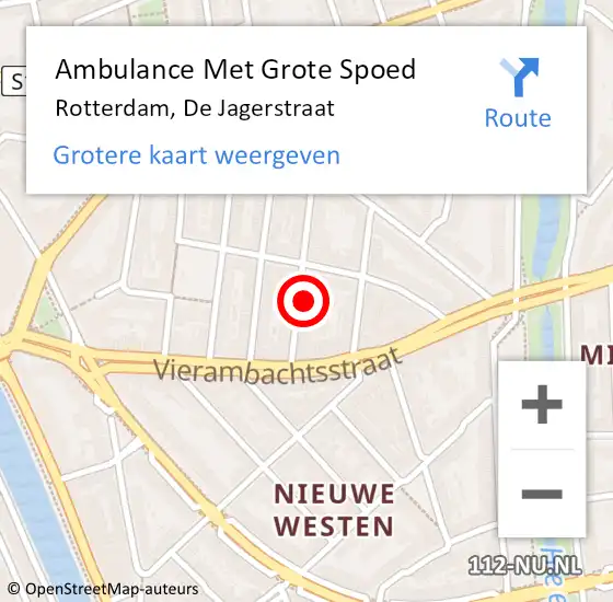 Locatie op kaart van de 112 melding: Ambulance Met Grote Spoed Naar Rotterdam, De Jagerstraat op 23 augustus 2024 22:46