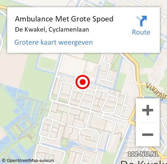 Locatie op kaart van de 112 melding: Ambulance Met Grote Spoed Naar De Kwakel, Cyclamenlaan op 23 augustus 2024 23:10