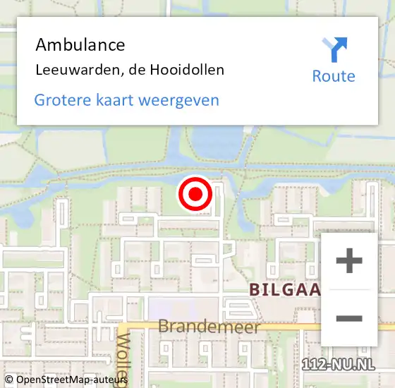 Locatie op kaart van de 112 melding: Ambulance Leeuwarden, de Hooidollen op 24 augustus 2024 00:35