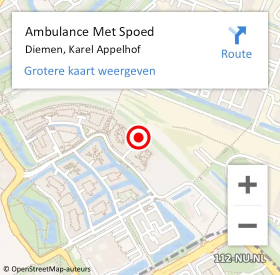 Locatie op kaart van de 112 melding: Ambulance Met Spoed Naar Diemen, Karel Appelhof op 24 augustus 2024 02:59