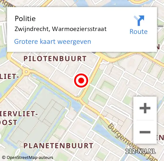 Locatie op kaart van de 112 melding: Politie Zwijndrecht, Warmoeziersstraat op 24 augustus 2024 10:01