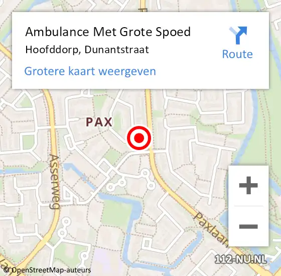 Locatie op kaart van de 112 melding: Ambulance Met Grote Spoed Naar Hoofddorp, Dunantstraat op 24 augustus 2024 10:39