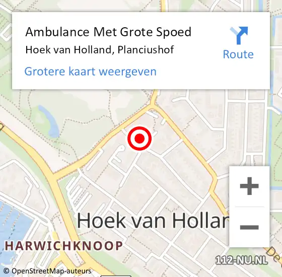 Locatie op kaart van de 112 melding: Ambulance Met Grote Spoed Naar Hoek van Holland, Planciushof op 24 augustus 2024 13:51