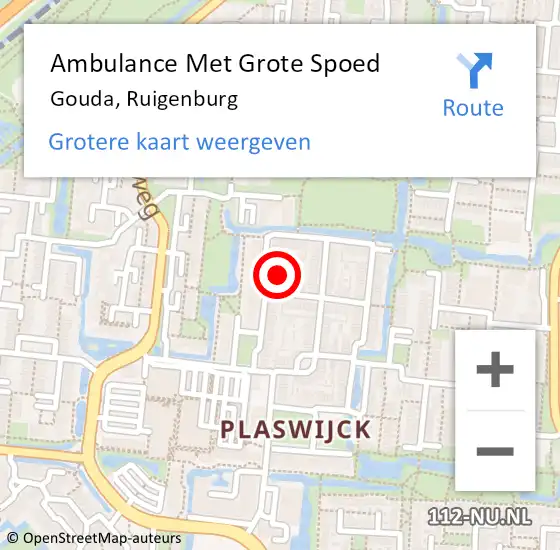 Locatie op kaart van de 112 melding: Ambulance Met Grote Spoed Naar Gouda, Ruigenburg op 24 augustus 2024 14:09