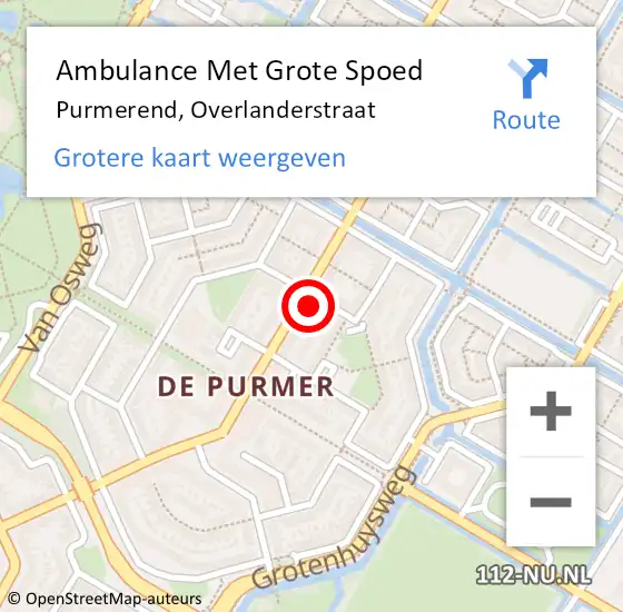 Locatie op kaart van de 112 melding: Ambulance Met Grote Spoed Naar Purmerend, Overlanderstraat op 24 augustus 2024 17:53