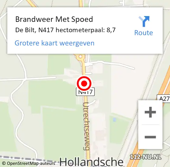 Locatie op kaart van de 112 melding: Brandweer Met Spoed Naar De Bilt, N417 hectometerpaal: 8,7 op 24 augustus 2024 18:19