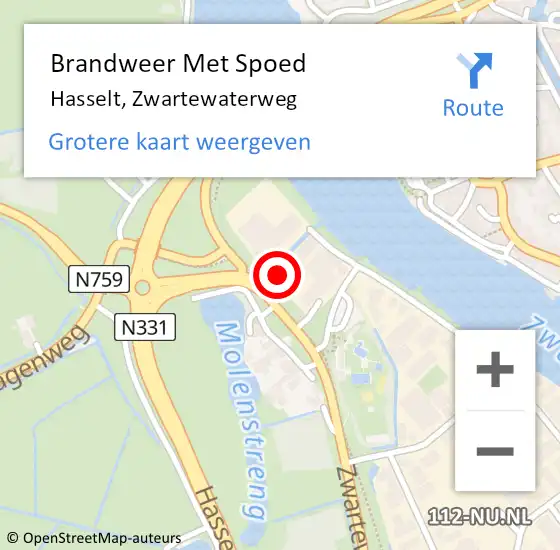 Locatie op kaart van de 112 melding: Brandweer Met Spoed Naar Hasselt, Zwartewaterweg op 24 augustus 2024 18:56