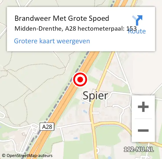 Locatie op kaart van de 112 melding: Brandweer Met Grote Spoed Naar Midden-Drenthe, A28 hectometerpaal: 153 op 24 augustus 2024 19:39