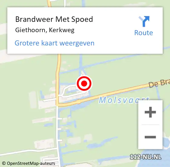 Locatie op kaart van de 112 melding: Brandweer Met Spoed Naar Giethoorn, Kerkweg op 24 augustus 2024 20:52