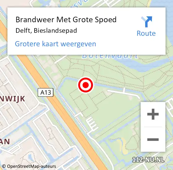 Locatie op kaart van de 112 melding: Brandweer Met Grote Spoed Naar Delft, Bieslandsepad op 24 augustus 2024 22:50