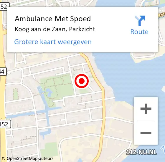 Locatie op kaart van de 112 melding: Ambulance Met Spoed Naar Koog aan de Zaan, Parkzicht op 25 augustus 2024 12:07