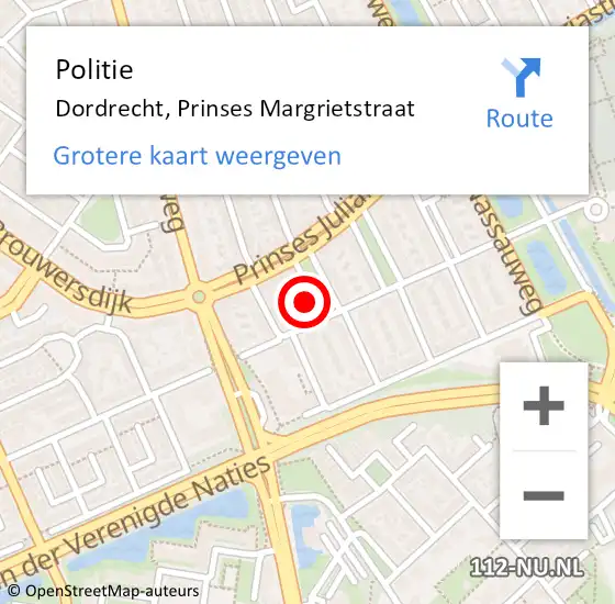 Locatie op kaart van de 112 melding: Politie Dordrecht, Prinses Margrietstraat op 25 augustus 2024 13:49