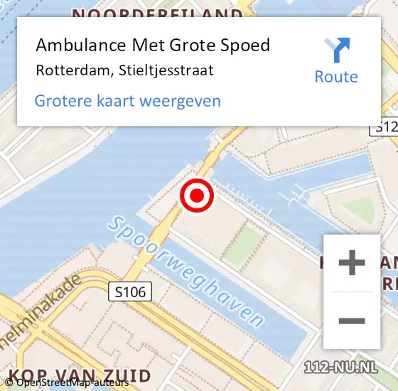 Locatie op kaart van de 112 melding: Ambulance Met Grote Spoed Naar Rotterdam, Stieltjesstraat op 25 augustus 2024 15:00