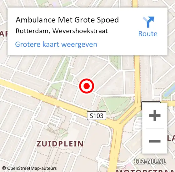 Locatie op kaart van de 112 melding: Ambulance Met Grote Spoed Naar Rotterdam, Wevershoekstraat op 25 augustus 2024 15:07