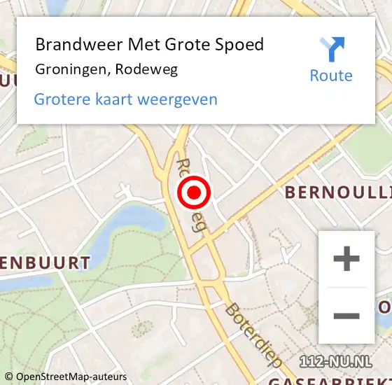 Locatie op kaart van de 112 melding: Brandweer Met Grote Spoed Naar Groningen, Rodeweg op 25 augustus 2024 17:42