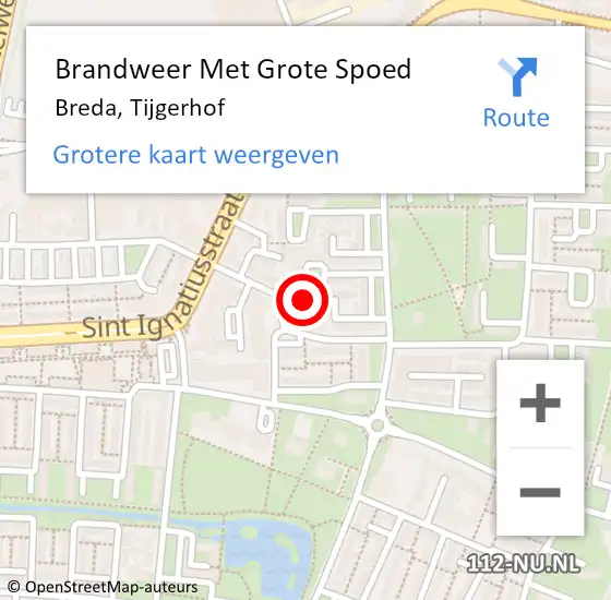 Locatie op kaart van de 112 melding: Brandweer Met Grote Spoed Naar Breda, Tijgerhof op 25 augustus 2024 17:47