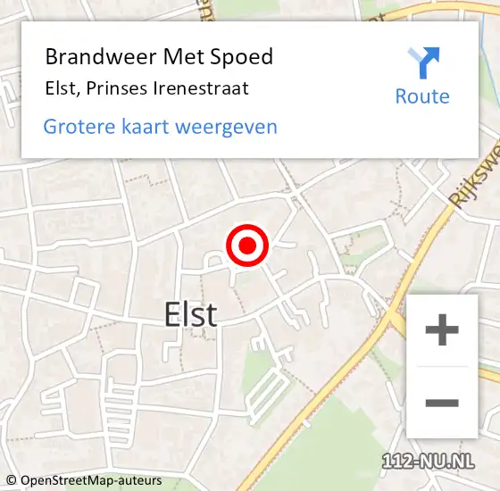 Locatie op kaart van de 112 melding: Brandweer Met Spoed Naar Elst, Prinses Irenestraat op 25 augustus 2024 19:20