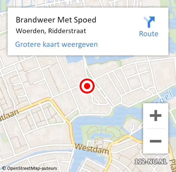 Locatie op kaart van de 112 melding: Brandweer Met Spoed Naar Woerden, Ridderstraat op 25 augustus 2024 22:20