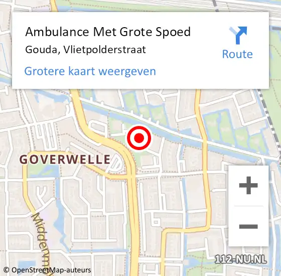 Locatie op kaart van de 112 melding: Ambulance Met Grote Spoed Naar Gouda, Vlietpolderstraat op 26 augustus 2024 00:28