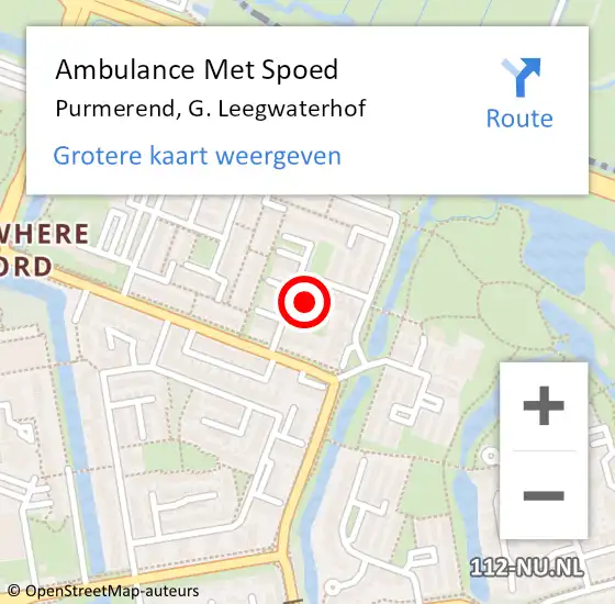 Locatie op kaart van de 112 melding: Ambulance Met Spoed Naar Purmerend, G. Leegwaterhof op 26 augustus 2024 07:19