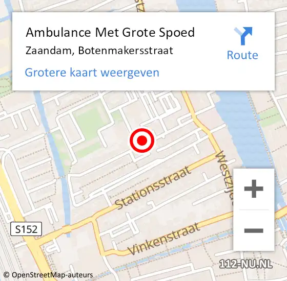 Locatie op kaart van de 112 melding: Ambulance Met Grote Spoed Naar Zaandam, Botenmakersstraat op 26 augustus 2024 09:10