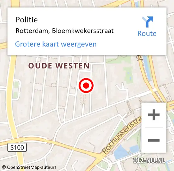 Locatie op kaart van de 112 melding: Politie Rotterdam, Bloemkwekersstraat op 26 augustus 2024 10:09