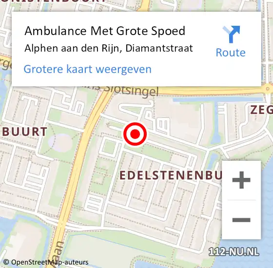 Locatie op kaart van de 112 melding: Ambulance Met Grote Spoed Naar Alphen aan den Rijn, Diamantstraat op 26 augustus 2024 11:54