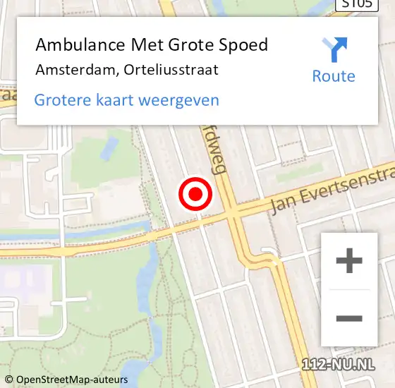 Locatie op kaart van de 112 melding: Ambulance Met Grote Spoed Naar Amsterdam, Orteliusstraat op 26 augustus 2024 13:10