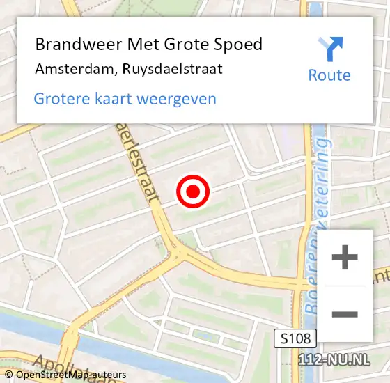 Locatie op kaart van de 112 melding: Brandweer Met Grote Spoed Naar Amsterdam, Ruysdaelstraat op 26 augustus 2024 13:42