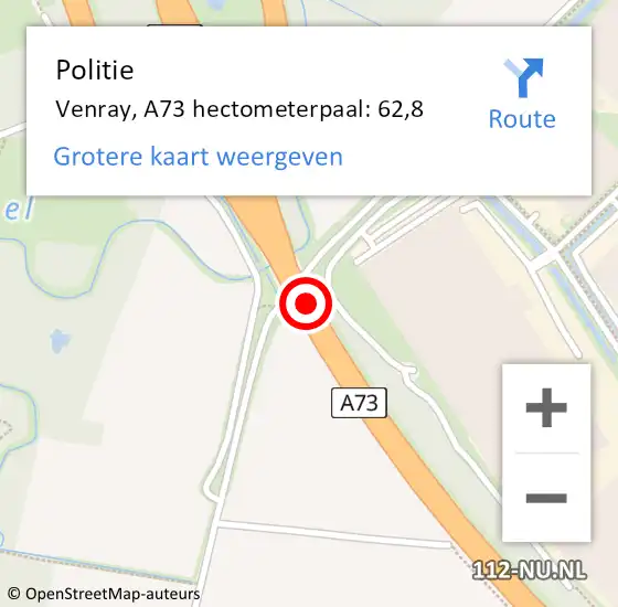 Locatie op kaart van de 112 melding: Politie Venray, A73 hectometerpaal: 62,8 op 26 augustus 2024 15:00