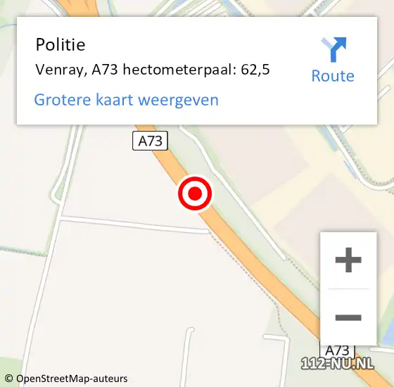 Locatie op kaart van de 112 melding: Politie Venray, A73 hectometerpaal: 62,5 op 26 augustus 2024 15:00