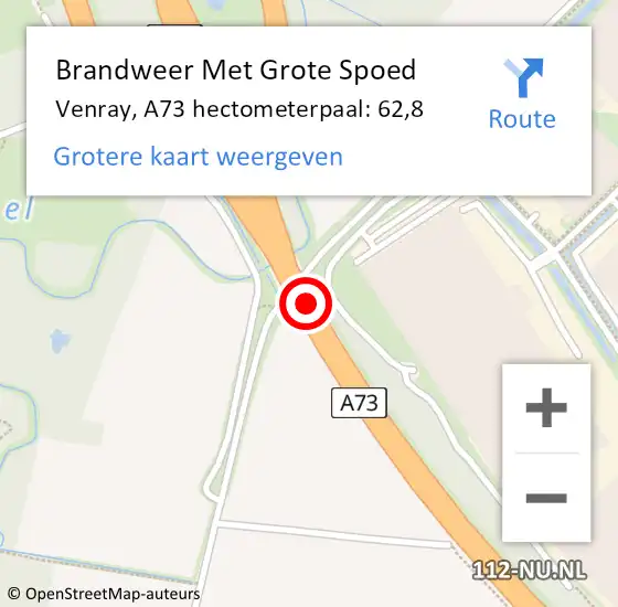 Locatie op kaart van de 112 melding: Brandweer Met Grote Spoed Naar Venray, A73 hectometerpaal: 62,8 op 26 augustus 2024 15:01