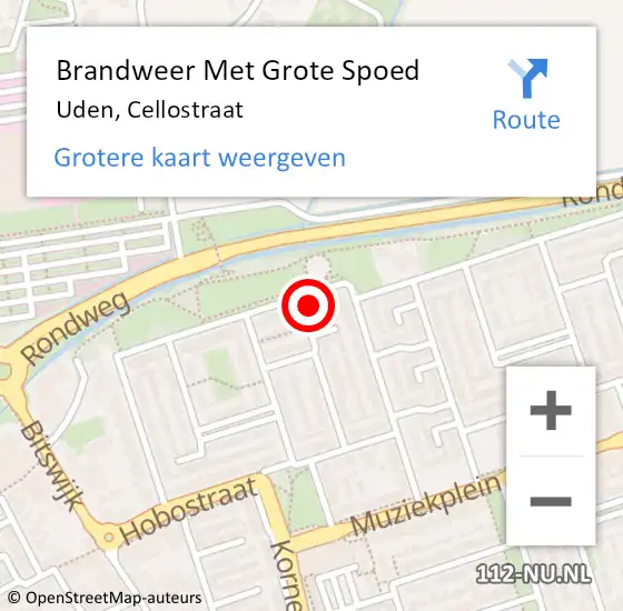 Locatie op kaart van de 112 melding: Brandweer Met Grote Spoed Naar Uden, Cellostraat op 26 augustus 2024 15:17