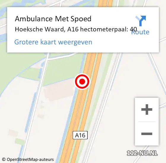 Locatie op kaart van de 112 melding: Ambulance Met Spoed Naar Hoeksche Waard, A16 hectometerpaal: 40 op 26 augustus 2024 15:30