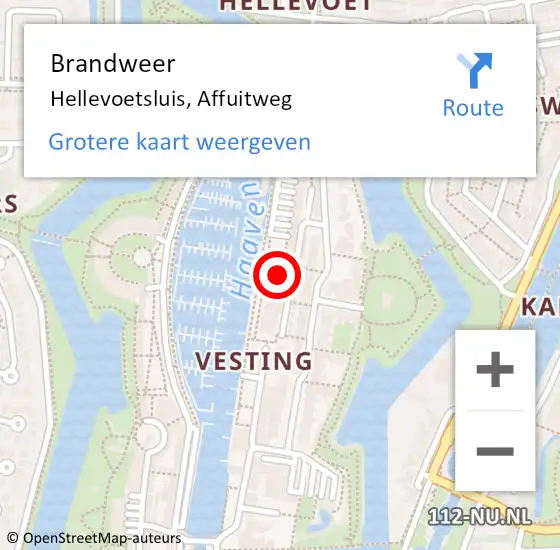 Locatie op kaart van de 112 melding: Brandweer Hellevoetsluis, Affuitweg op 26 augustus 2024 16:32