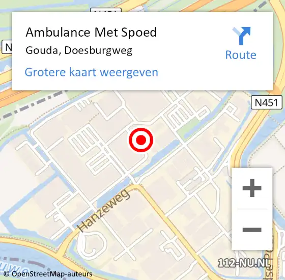 Locatie op kaart van de 112 melding: Ambulance Met Spoed Naar Gouda, Doesburgweg op 26 augustus 2024 18:16