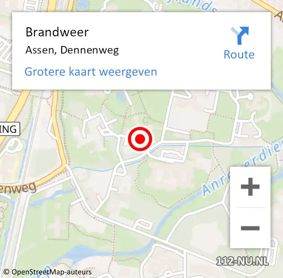 Locatie op kaart van de 112 melding: Brandweer Assen, Dennenweg op 26 augustus 2024 19:12