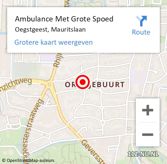 Locatie op kaart van de 112 melding: Ambulance Met Grote Spoed Naar Oegstgeest, Mauritslaan op 26 augustus 2024 20:35