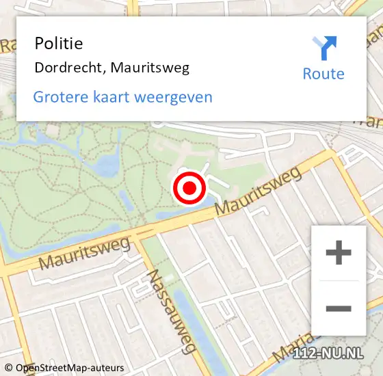 Locatie op kaart van de 112 melding: Politie Dordrecht, Mauritsweg op 26 augustus 2024 20:54