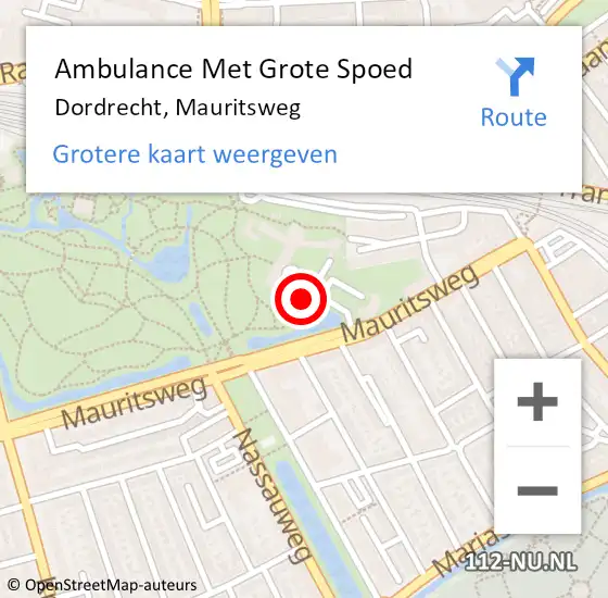 Locatie op kaart van de 112 melding: Ambulance Met Grote Spoed Naar Dordrecht, Mauritsweg op 26 augustus 2024 20:57