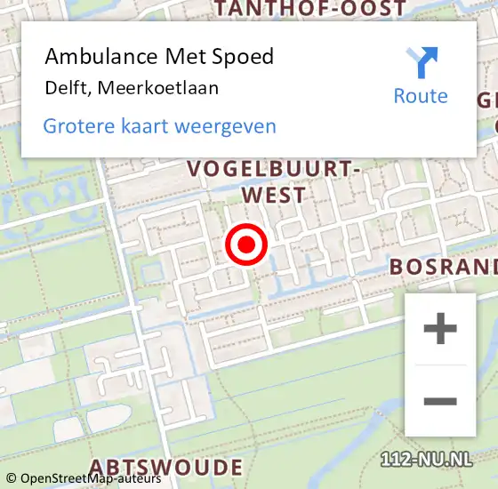 Locatie op kaart van de 112 melding: Ambulance Met Spoed Naar Delft, Meerkoetlaan op 26 augustus 2024 21:37