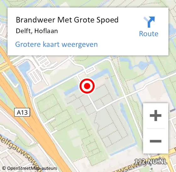 Locatie op kaart van de 112 melding: Brandweer Met Grote Spoed Naar Delft, Hoflaan op 26 augustus 2024 22:26