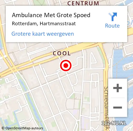 Locatie op kaart van de 112 melding: Ambulance Met Grote Spoed Naar Rotterdam, Hartmansstraat op 26 augustus 2024 23:12