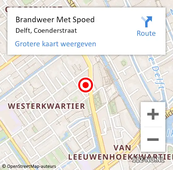 Locatie op kaart van de 112 melding: Brandweer Met Spoed Naar Delft, Coenderstraat op 27 augustus 2024 04:57